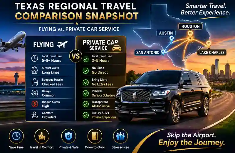 Texas regional travel comparison infographic showing short regional flights versus private car service, featuring airport delays, luxury Lincoln Navigator transportation, and benefits like comfort, reliability, and door-to-door travel.